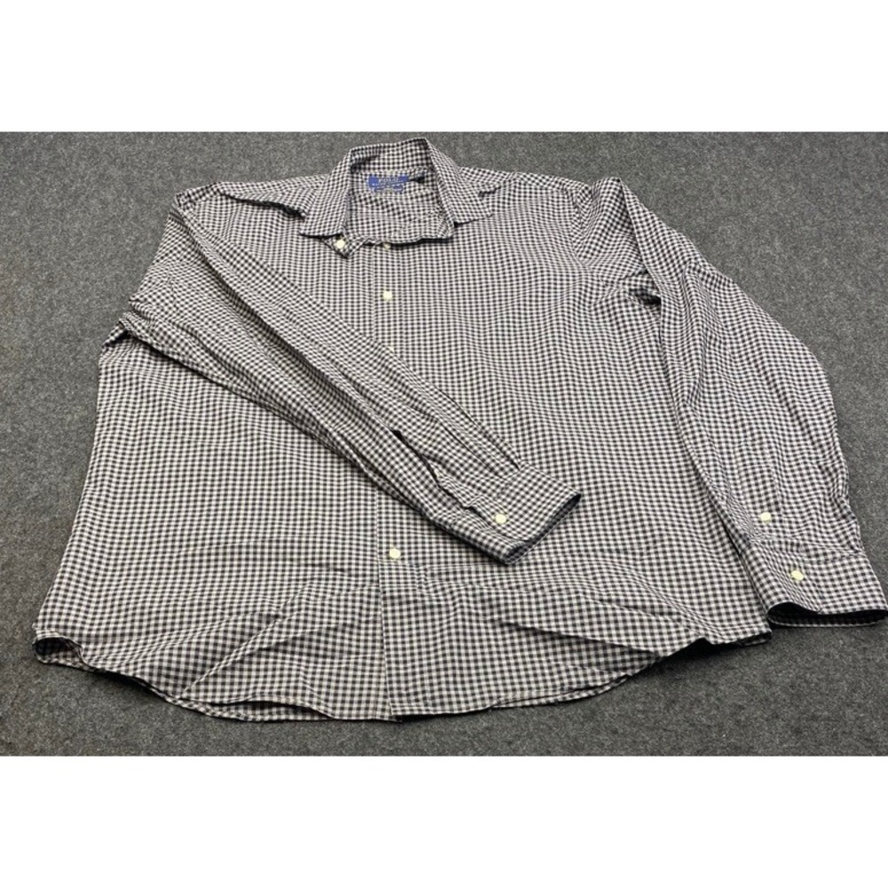 Polo Ralph Lauren Button Down Men XXL Navy Blue Gingham Slim Fit Cotton Stretch